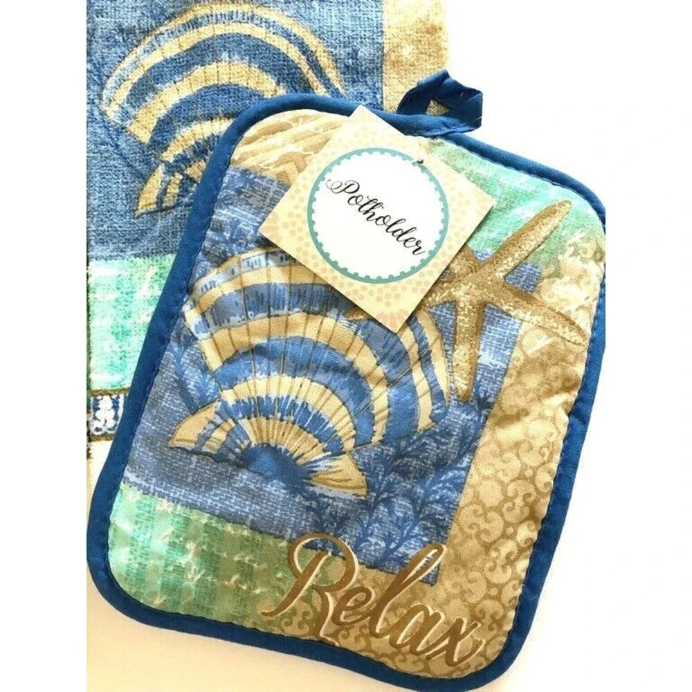 Shells Starfish Kitchen Dish Towels Oven Mitt Potholder Set of 4 Beach Summer